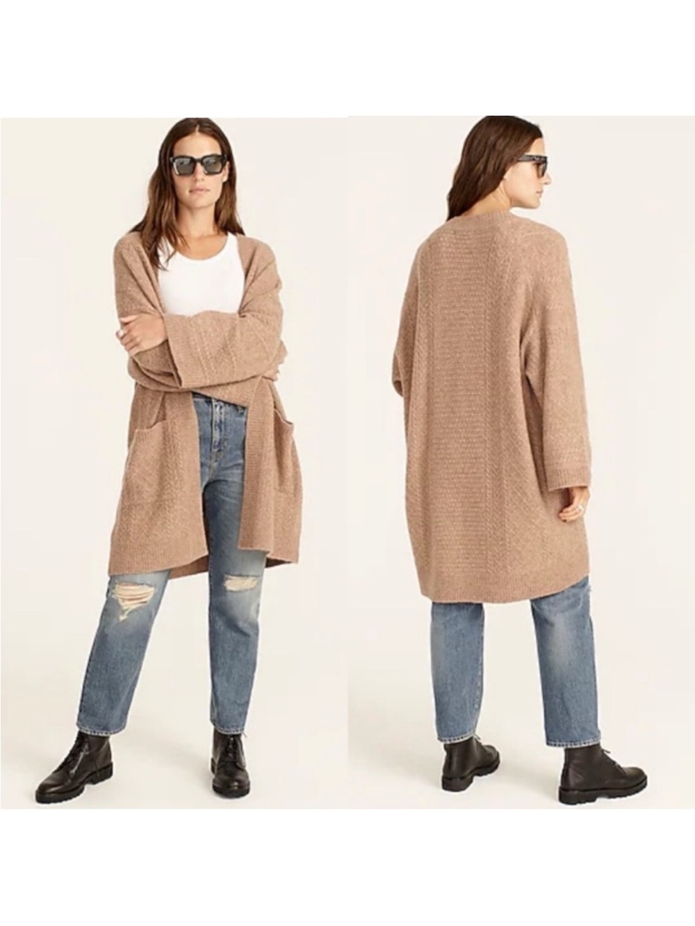 J. Crew Cable Knit Long Open Front Cardigan Sweater Merino Wool Alpaca XS/S